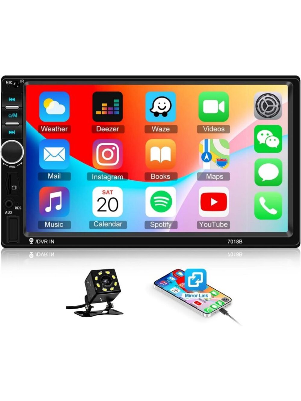 Double Din Car Stereo 7" Touch Screen Radio with Bluetooth, USB, FM, SD & Rear